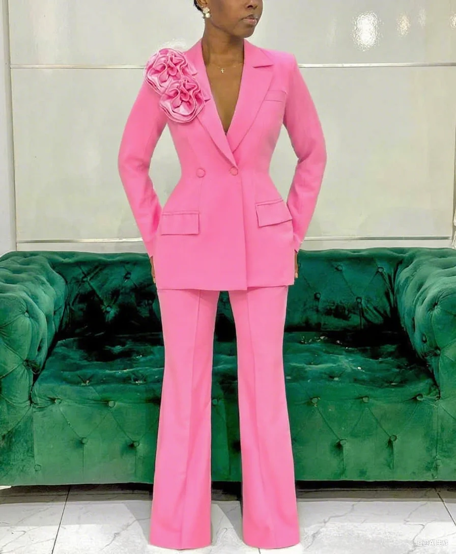 Aangepaste roze damesbroeksets ontwerper 3D bloemen dames prom verjaardagsfeestje formele kleding outfit jas 3-delig