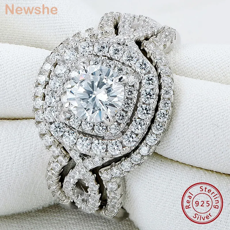 Newshe Original 925 Sterling Silver Jewelry 3 Pcs Wedding Rings Set for Women Halo Brilliant Zircon Luxury Engagement Bridal Rin