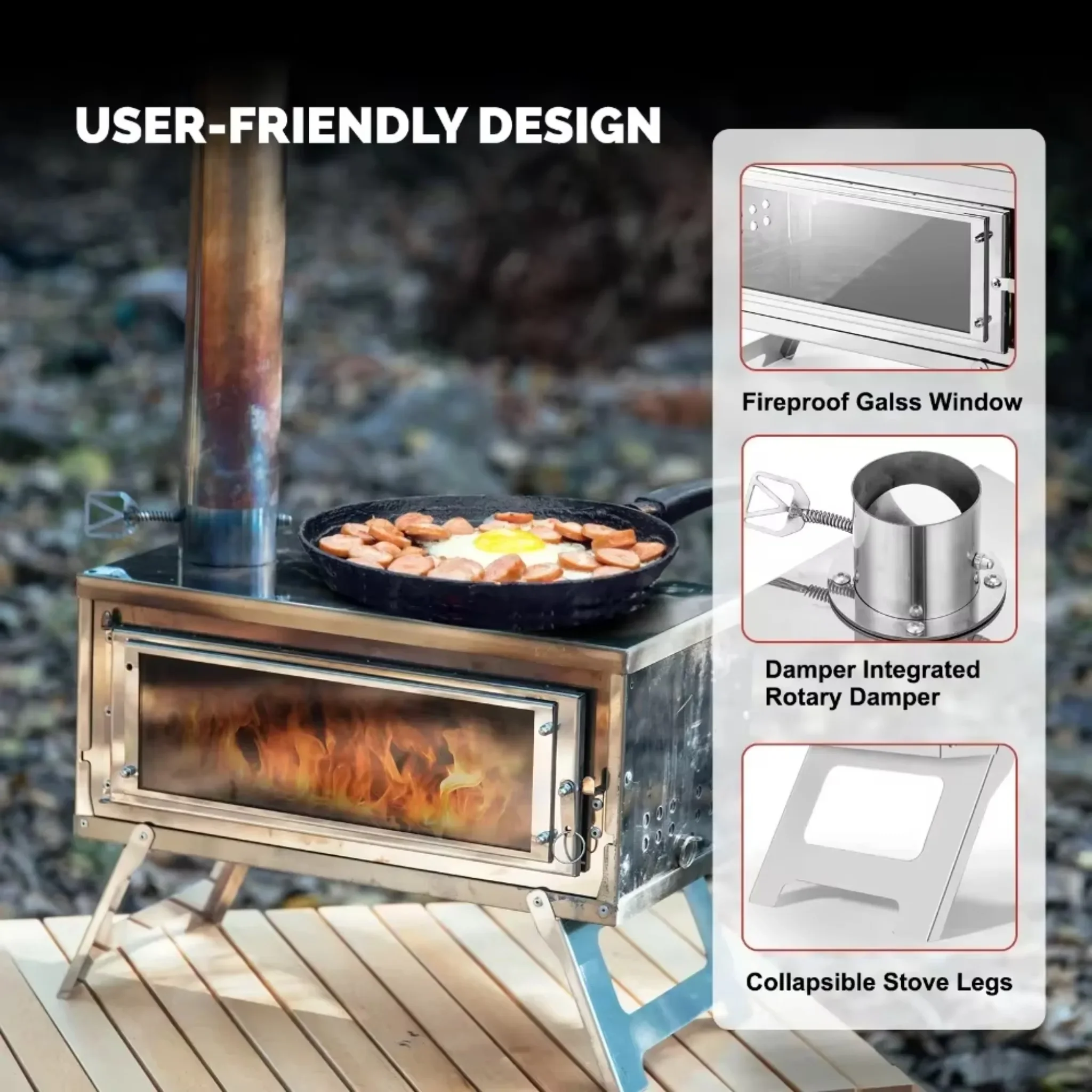 Estufa de leña para tienda de campaña, fabricada en acero inoxidable, plegable y portátil, con chimenea ajustable para cocinar al aire libre en tiendas de campaña.