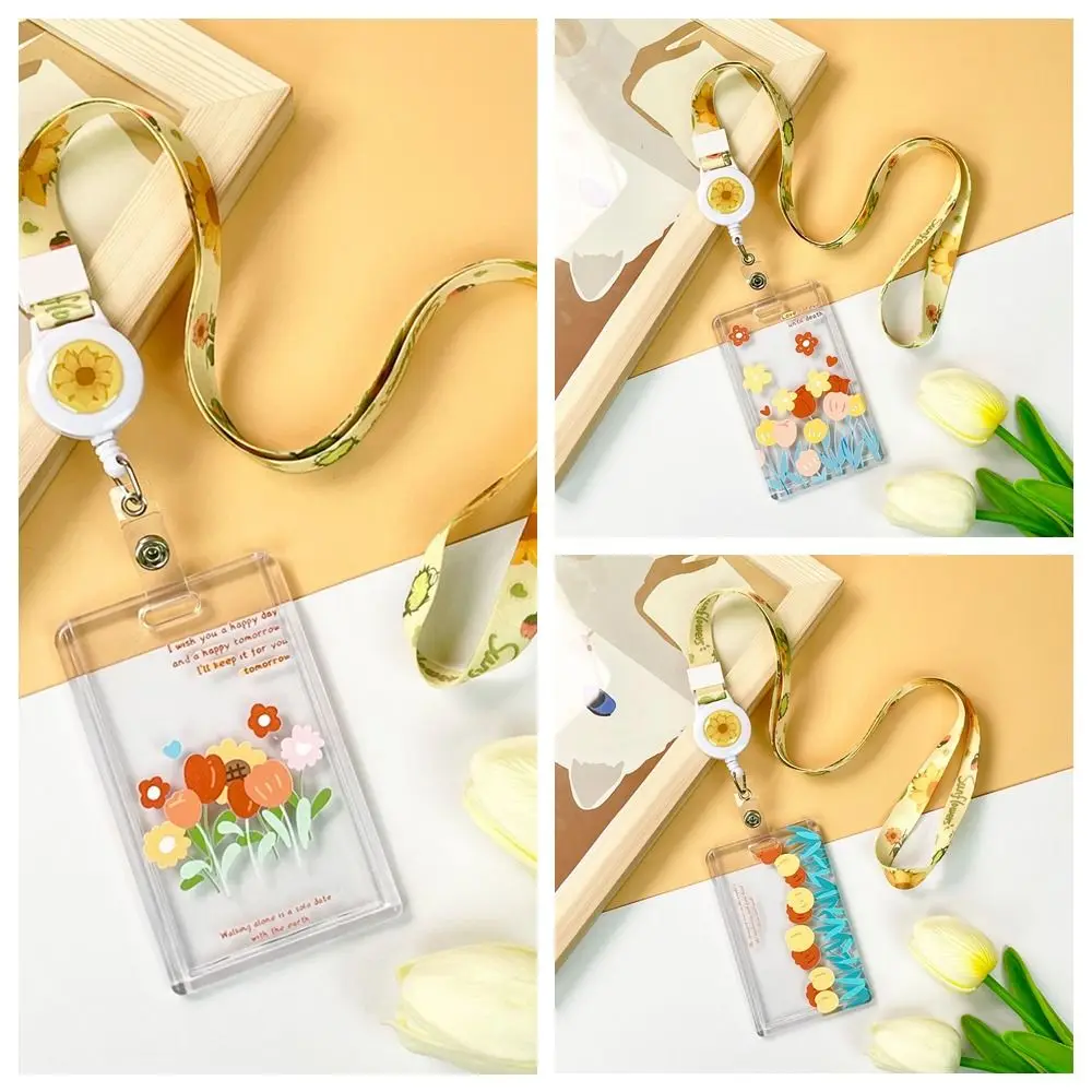 Hanging Neck Transparent Card Holder Keychain Double-sided Viewing Flower Card Case Card Sleeve Card Access Control