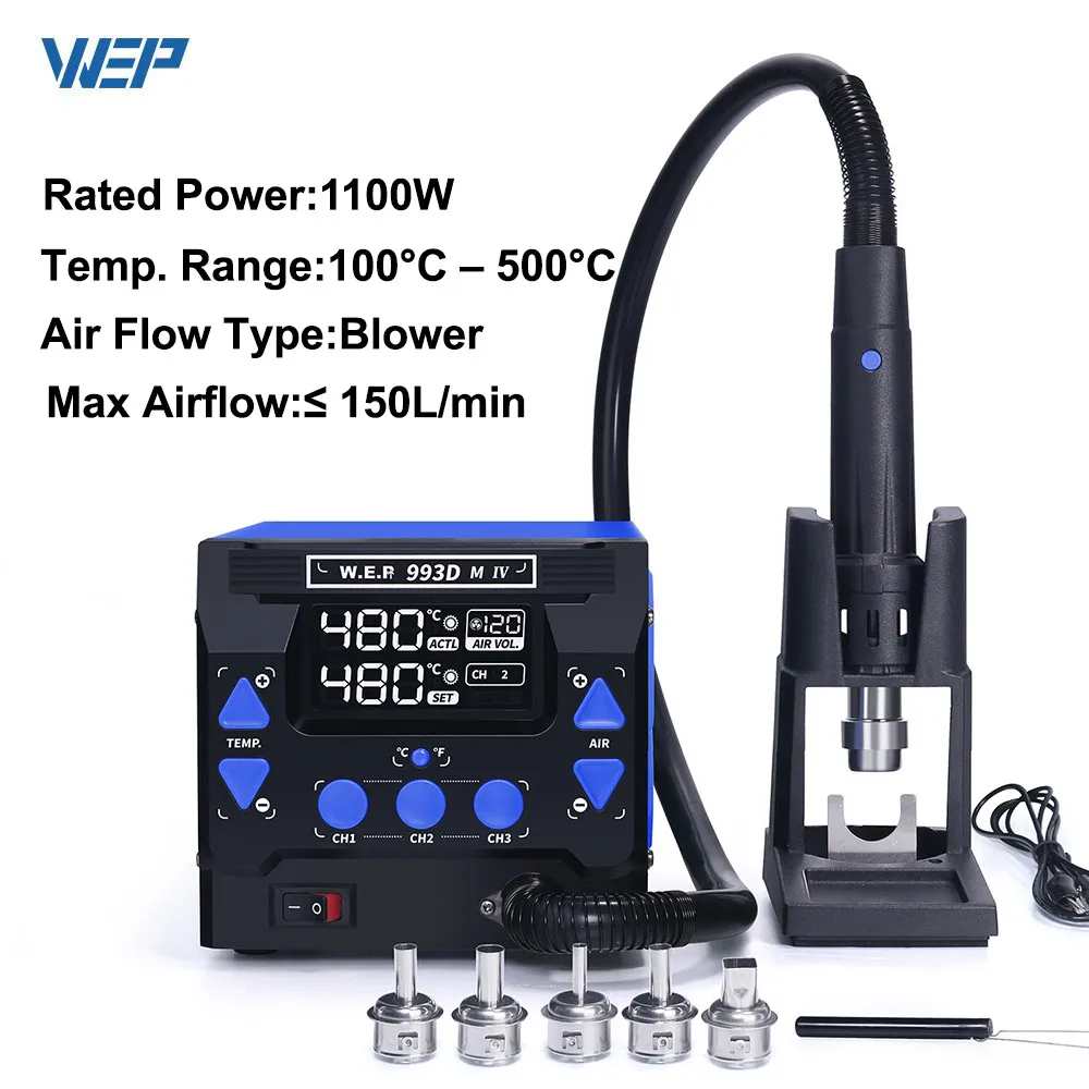 WEP 993DM-IV 납땜 스테이션 1000W 고출력 실험실용 열풍 리워크 스테이션, 24시간 작동 열풍기 블로워 타입