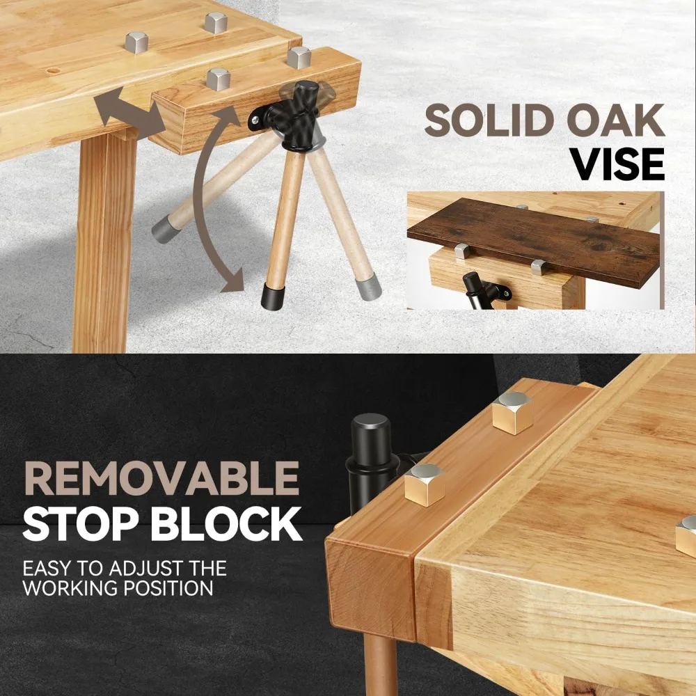 Workbench Rubber Wooden Work Bench with Open Space and Adjustable Rotating Handles Hardwood Workbench for Garage, Workshop