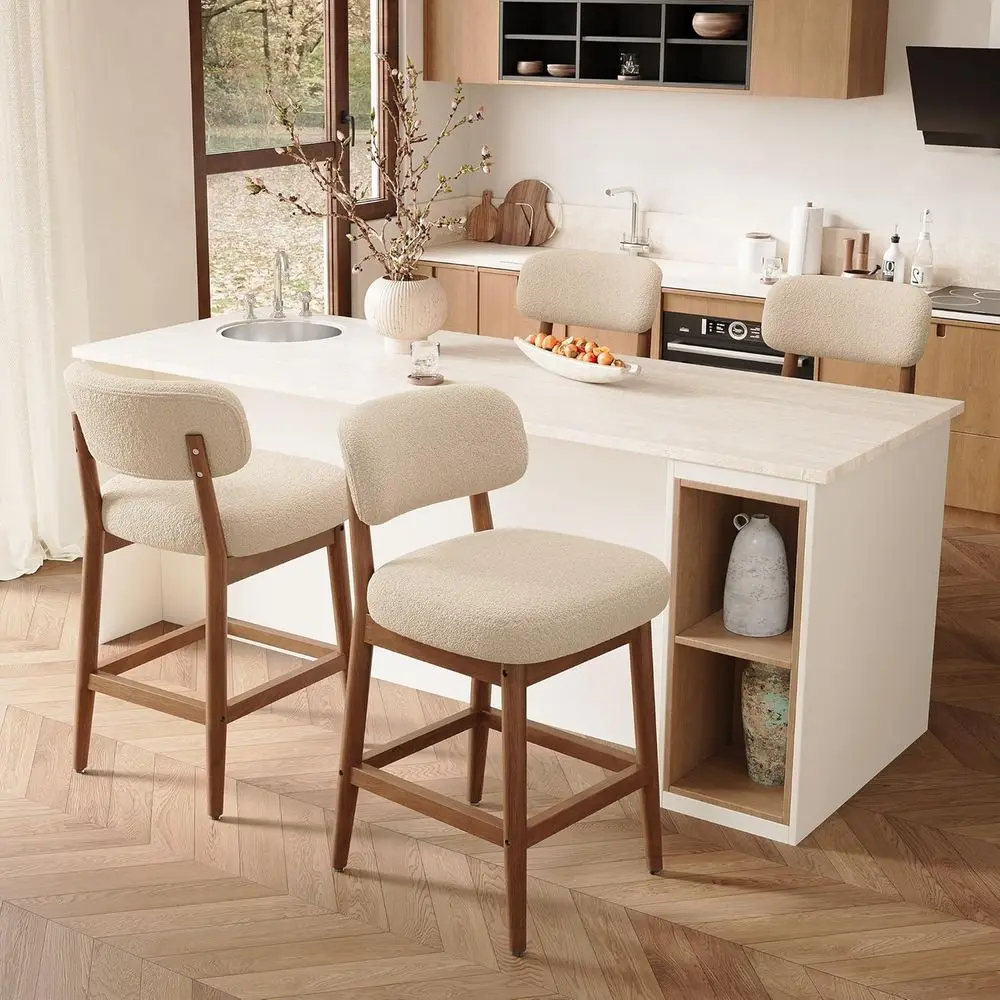 

Set of 4 Modern Boucle Upholstered Bar Stools with Solid Wood Legs, Suitable for Kitchen Island and Home Bar