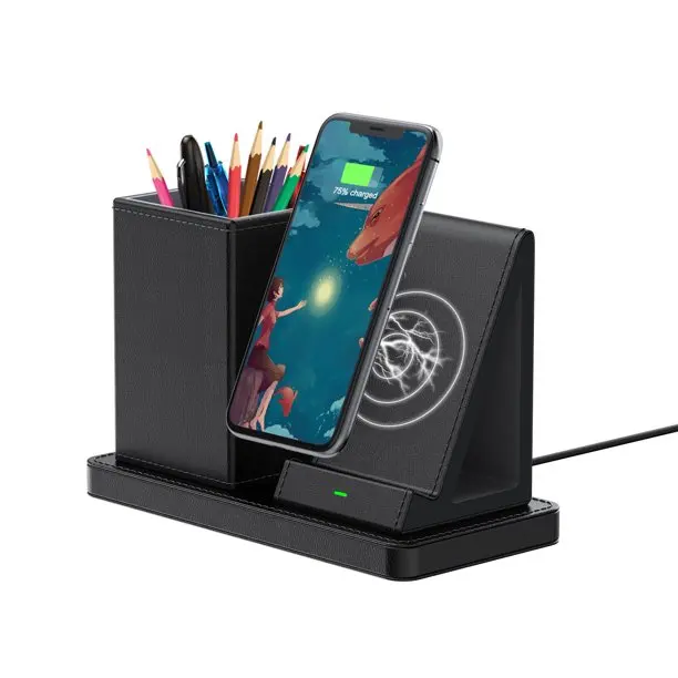 Wireless Charger With Desk Organizer, PU Leather Pen Holder 10W Fast Wireless Charging Stand Storage Box For IPhone Samsung