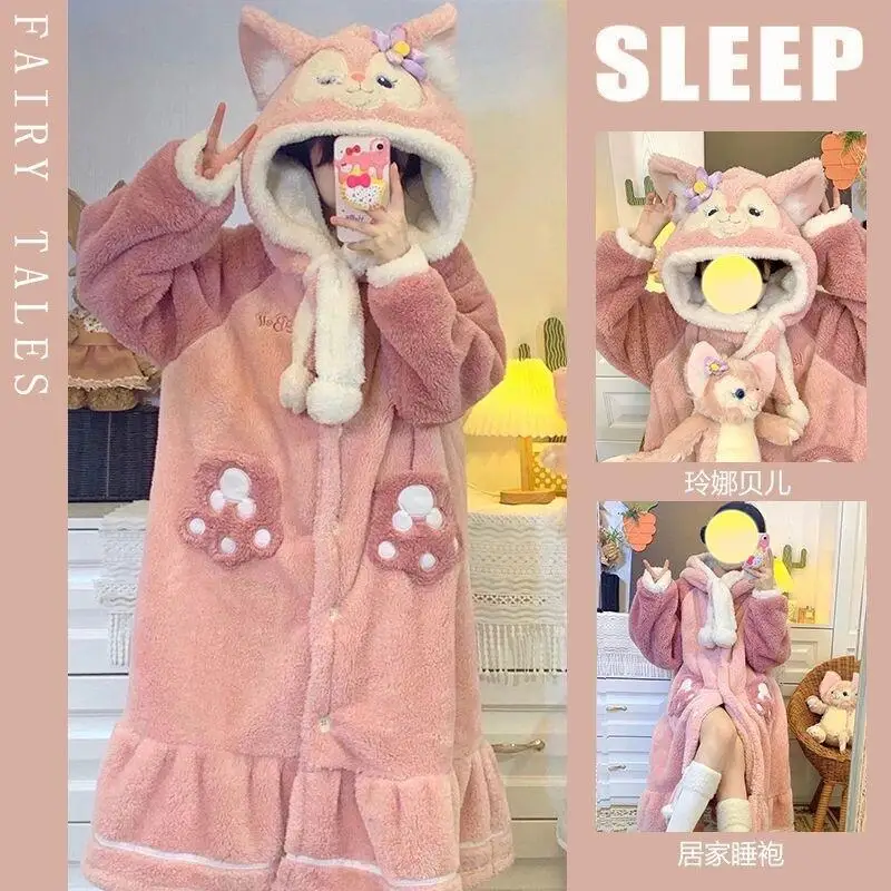 

Y2K 2Pcs Cartoon Plush Pajamas Linabell Winter Kawaii Women Hooded Nightgown Long Girls Thickened Warm Couple's Nightgown