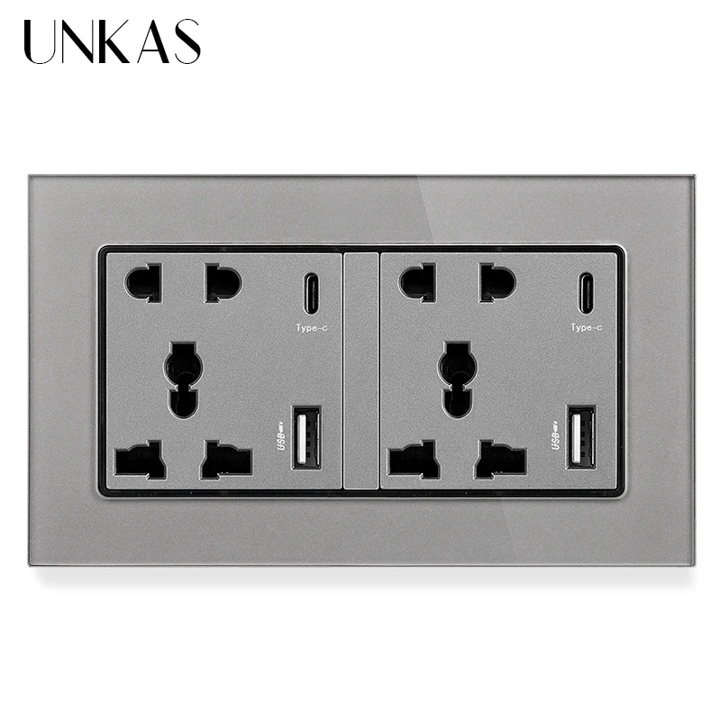 UNKAS Type C USB Socket Port Fast Charger Adapter For Mobile Phone Glass Plastic Panel 16A EU Plug 5V 2100mA AC 110V-250V Outlet