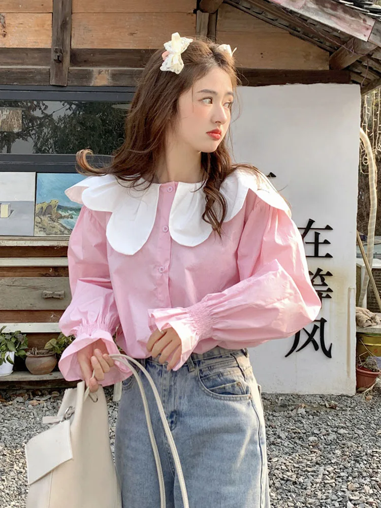 KIMOKOKM Spring Summer Korea Chic Sweet Contrast Color Peter Pan Collar Blouses Flare Sleeve Ruffles Kawaii Pink Loose Shirt