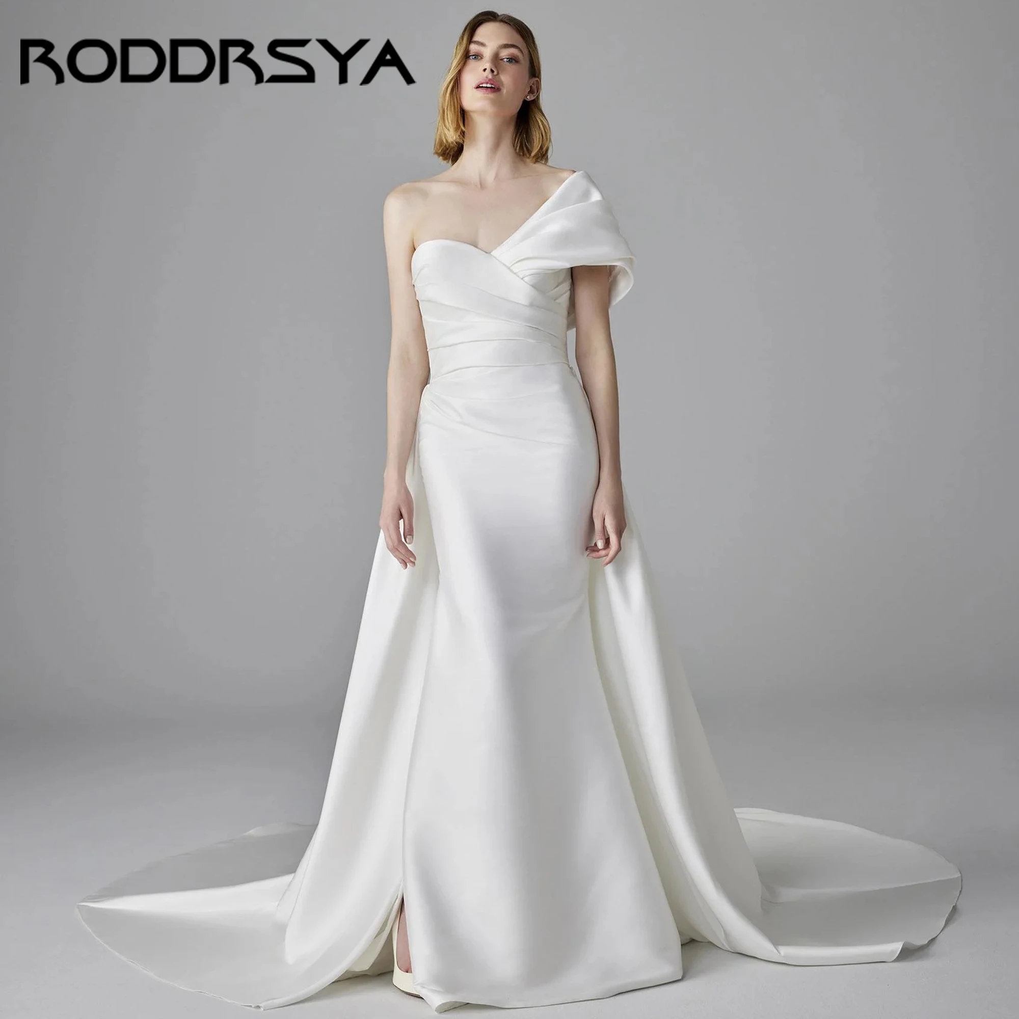 

Button Back Mermaid Asymmetrical Sleeves Wedding Dresses Crepe V-Neck Bride Gown Boho Bridal Dress vestidos de novia Customized