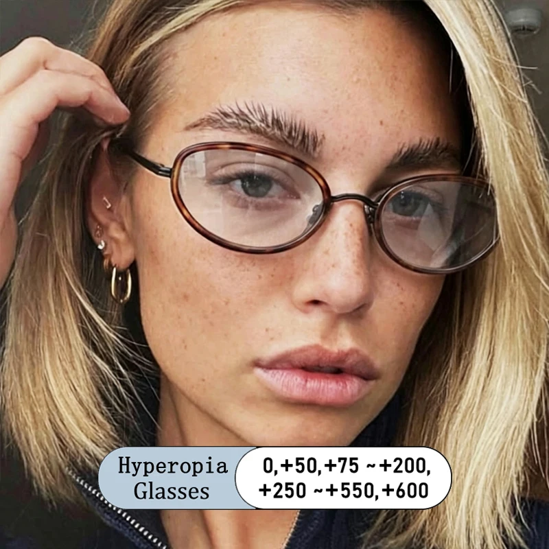 Women Vintage Oval Reading Glasses Thin Frame Anti Computer Blue Light Presbyopic Glasses Photochromic Readers 0 to +1.00 + 6.00