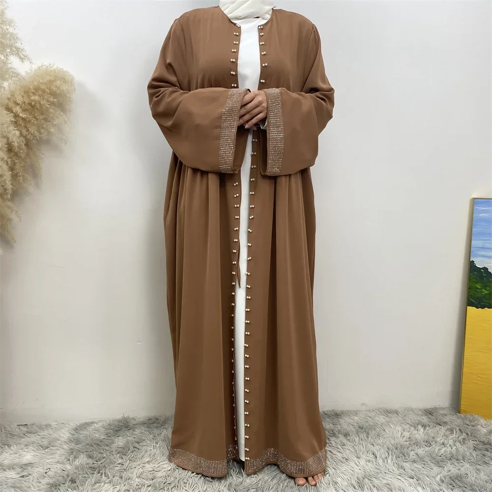 Abaya-Cardigan kimono ouvert avec perles pour femmes musulmanes, vêtements islamiques, robe arabe Jalabiya Eid Ramadan Kaftan