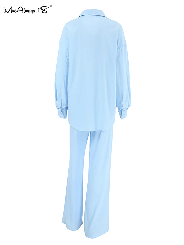 Mnealways18-Ensemble deux pièces décontracté en coton et lin pour femme, tenue de bureau plissée, surdimensionnée, bleu, été, automne, 2024