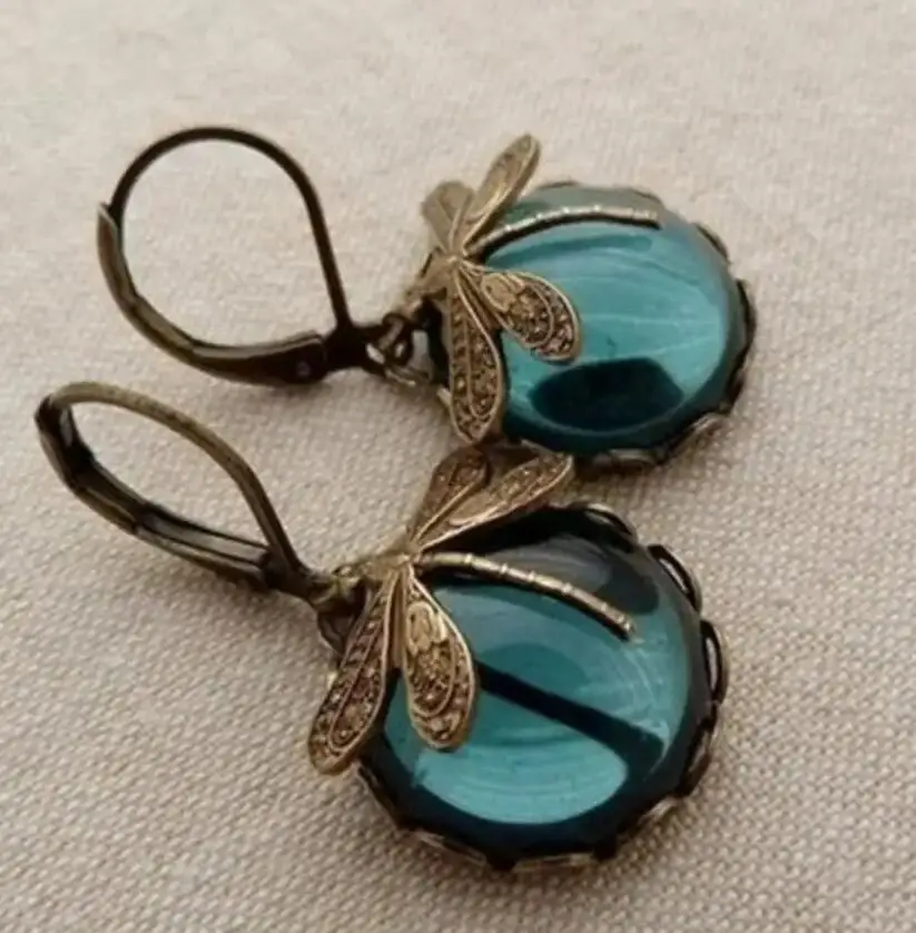 Vintage Bronze Dragonfly Pattern Gold Color Metal Carving Drop Earrings For Women Custom Jewelry