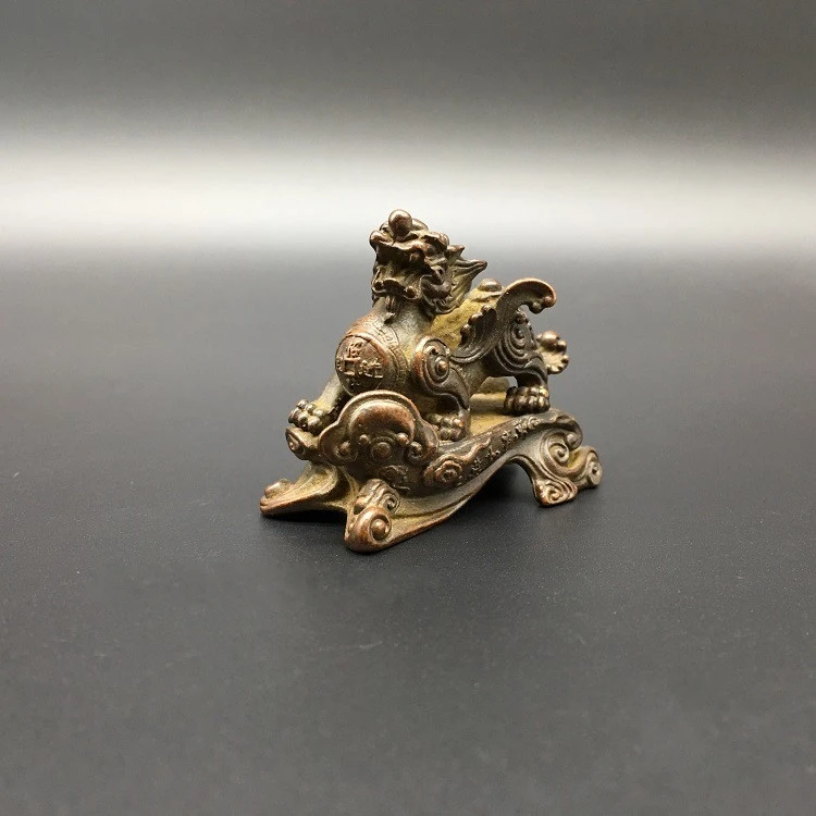 Collection Chinese Brass Carved Mythical Animals  Pixiu Brave Troops Auspicious Clouds Exquisite Small Statue