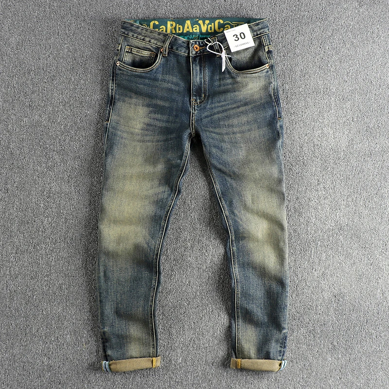 

American Vintage Casual Distressed Old Washed Denim Jeans for Men High Street Heavyweight Slim Fit Straight Pants Autumn Youth