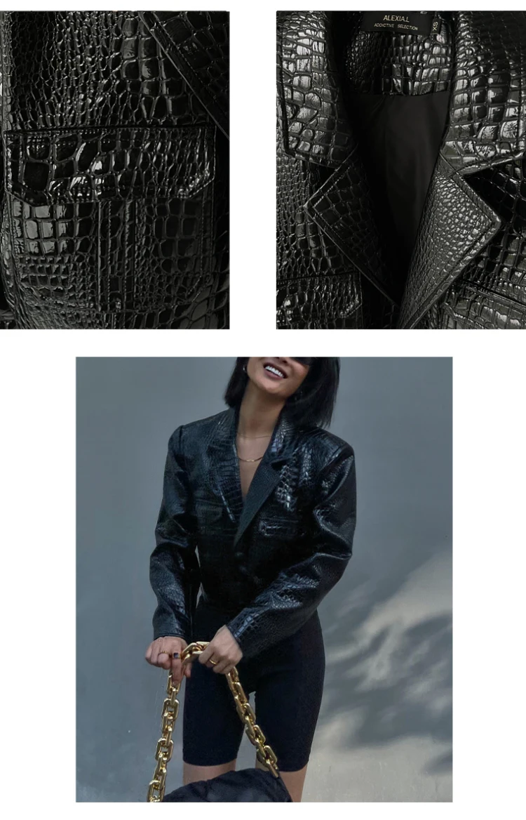 Lautaro Spring Autumn Short Cool Stylish Shiny Reflective Crocodile Print Patent Pu Leather Jacket Women Runway Fashion 2023