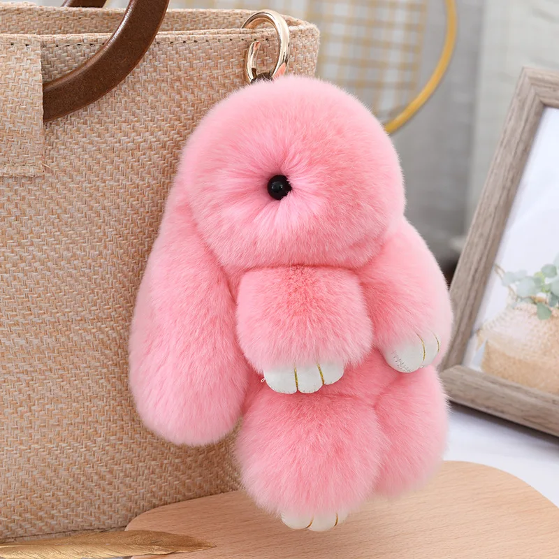 Fluffy Cute Bunny 18CM Real Fur Keychain Rex Rabbit Pom Pom Gift Toy Doll Women Bag Pendant Charm Car Key Keyring Metal ring