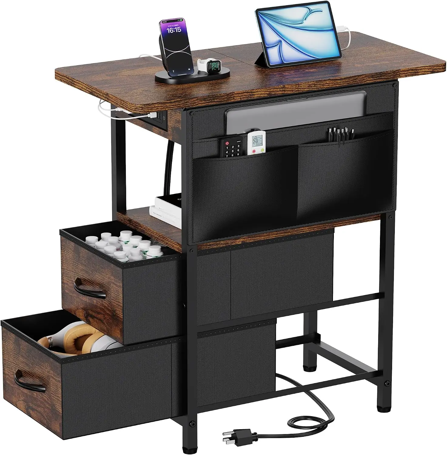 Compact End Table with Charging Station, Slim Bedside Nightstand with Storage Pocket for Living Room and Bedroom, Sofa Side Table with Power Outlets and USB Ports for Small Spaces