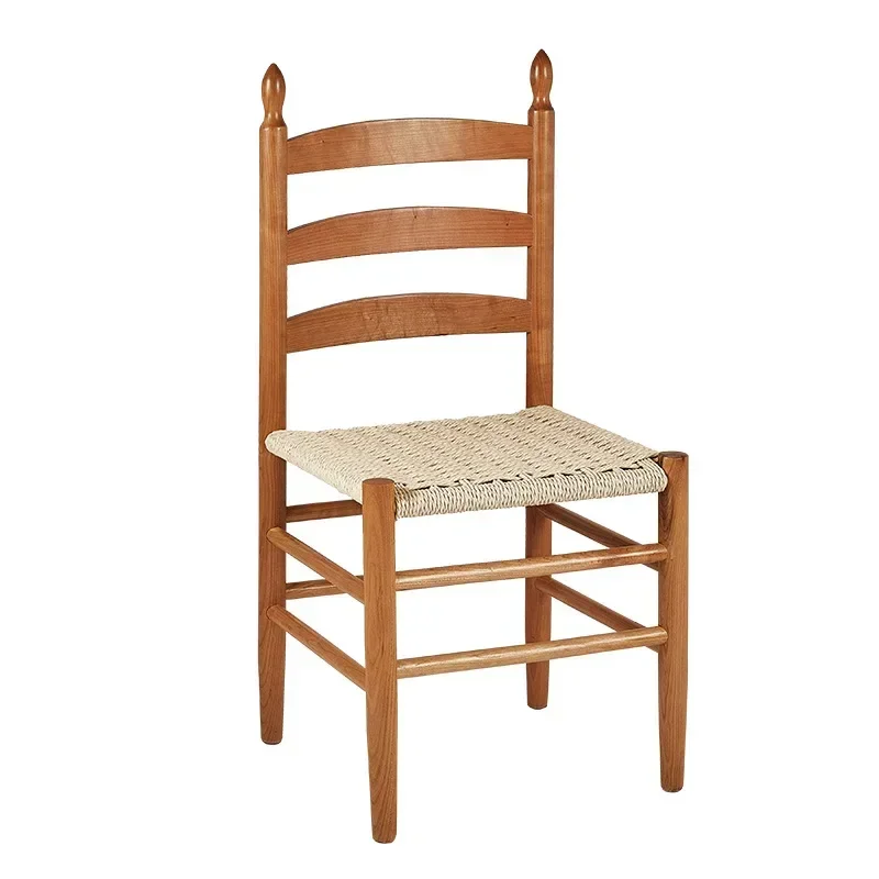 Pre-loved rope knitted solid wood dining chair vintage coffee shop backrest woven home makeup casual cherry shak chair