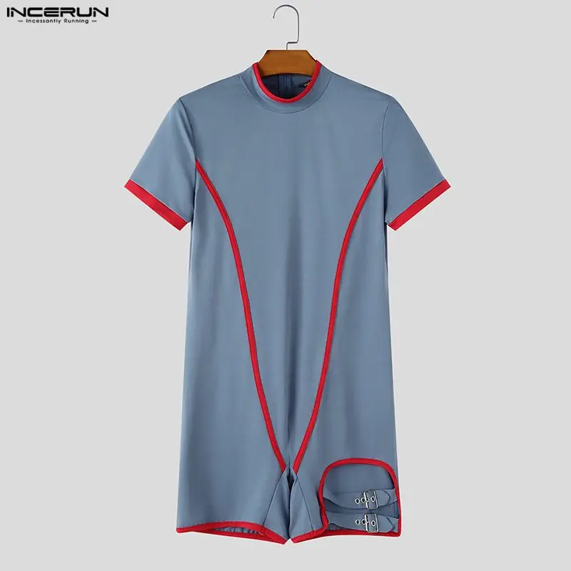 INCERUN Men's Bodysuits Patchwork O-neck Short Sleeve Hollow Out Rompers For Man Playsuits Workout Fashion Casual Male Bodysuit image 4