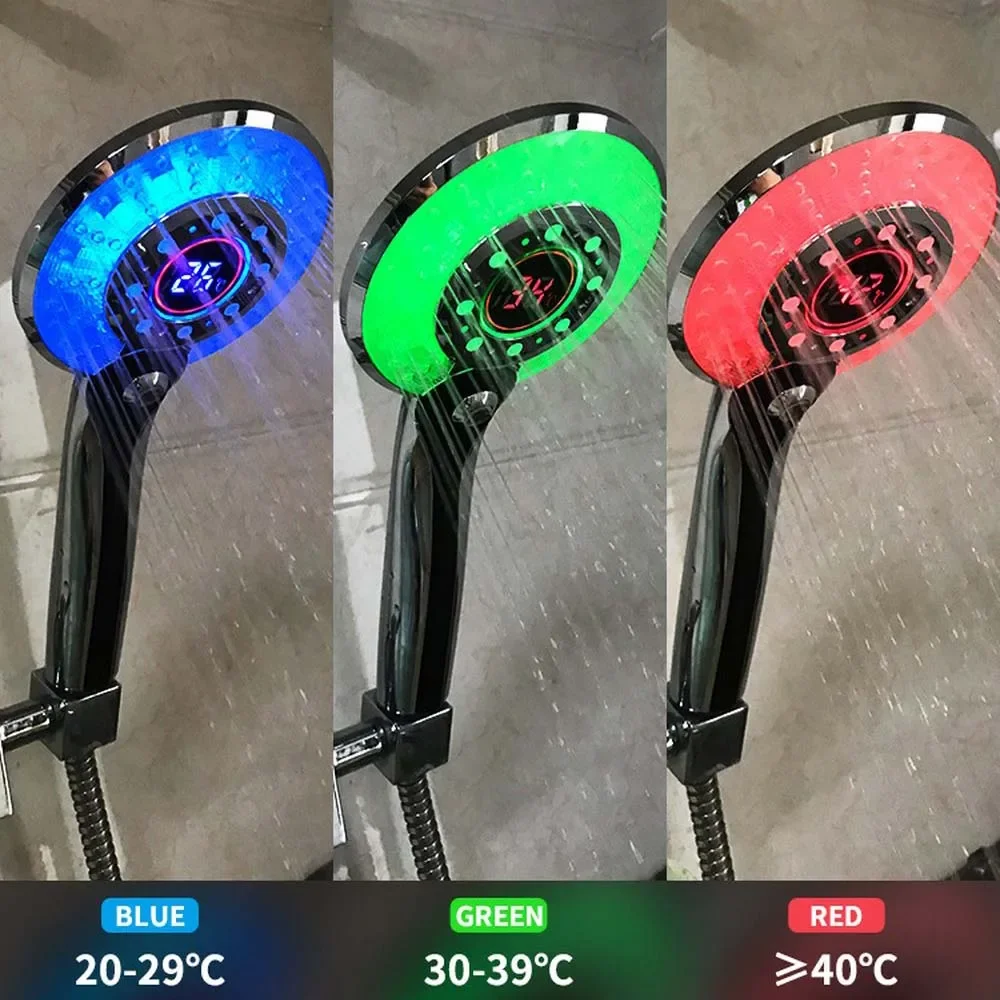 Shower Head LED Digital Temperature Display 3 Color Changing Spray Mode Bathroom Water Saving Filter Showerhead