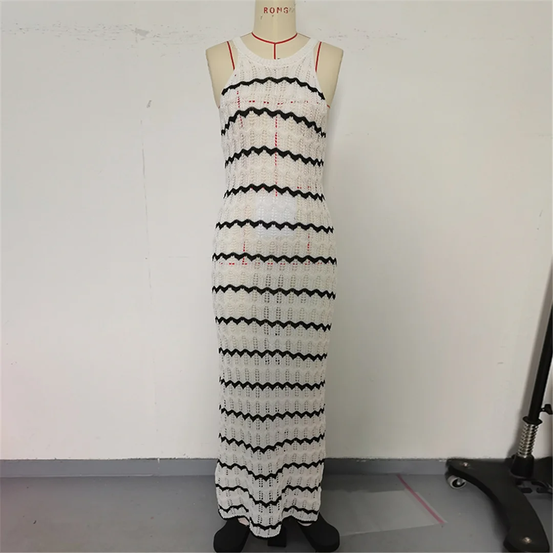 Ärmelloses, gestreiftes, ausgeschnittenes, gehäkeltes, gestricktes Tunika-Strandkleid, Strandmode, Damen-Strandkleid, Strand-Cover-up, Damen V6755 – Detail 13