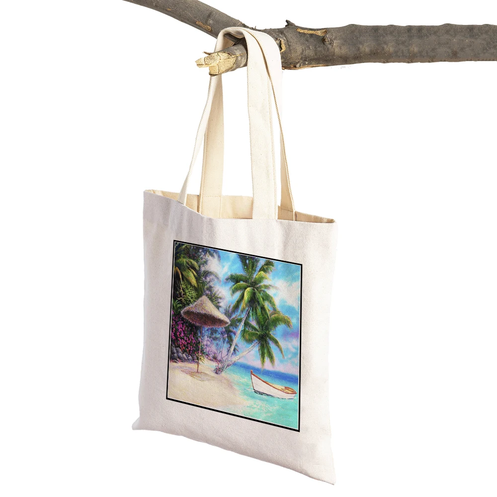 Country Coconut Tree Women Canvas Shopper Bag Double Print Casual Beautiful Scenery Travel Tote Handbag Lady Shopping Bags