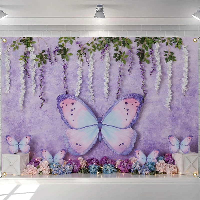 

LS Colorful Purple Butterflies Garden Backdrop Kids Baby 1st Birthday Cake Smash Photocall Floral Spring Photo Props Background