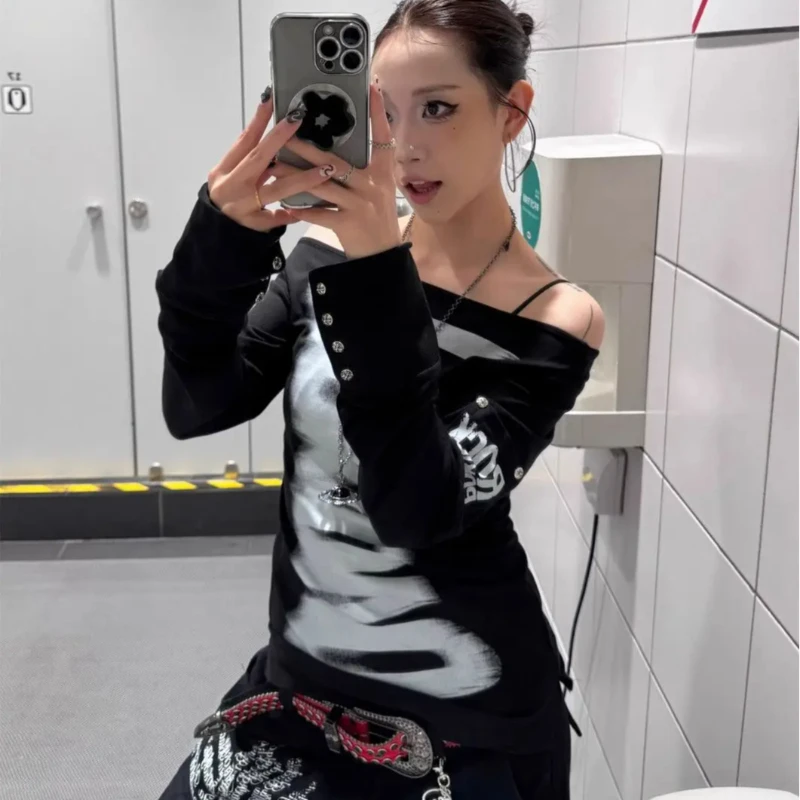 

Американская готическая мода Harajuku, уличная одежда, тонкие пуловеры с длинными рукавами, футболка Y2K с буквенным принтом, сексуальные женские топы с открытыми плечами