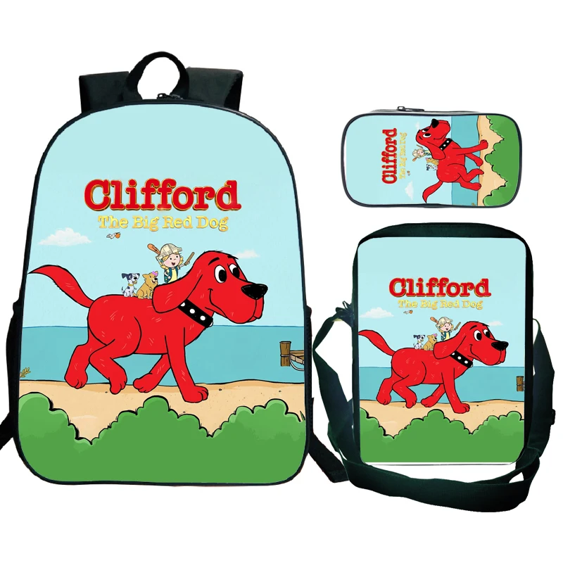 Clifford กระเป๋านักเรียนสุนัขสีแดงขนาดใหญ่3ชิ้นกระเป๋าเรียนเด็กชายสำหรับเด็กวัยรุ่นเป้สะพายหลังลายการ์ตูน