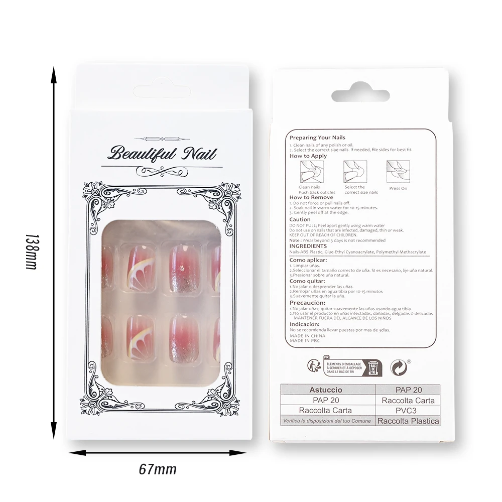 24pcs 3D Cheek Blush Pink Glitter Short Squre Wearable Nails Lemon Design Fake Nails Glossy Full Cover Nails For Women & Girls *