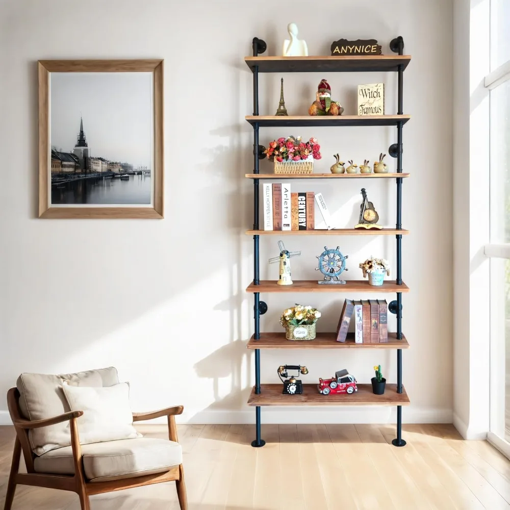 

7 Tier Industrial Wall Mounted Ladder Shelf Bookcase, Rustic Wood Metal Pipe Industrial Shelves For Living Room Decor And Storag