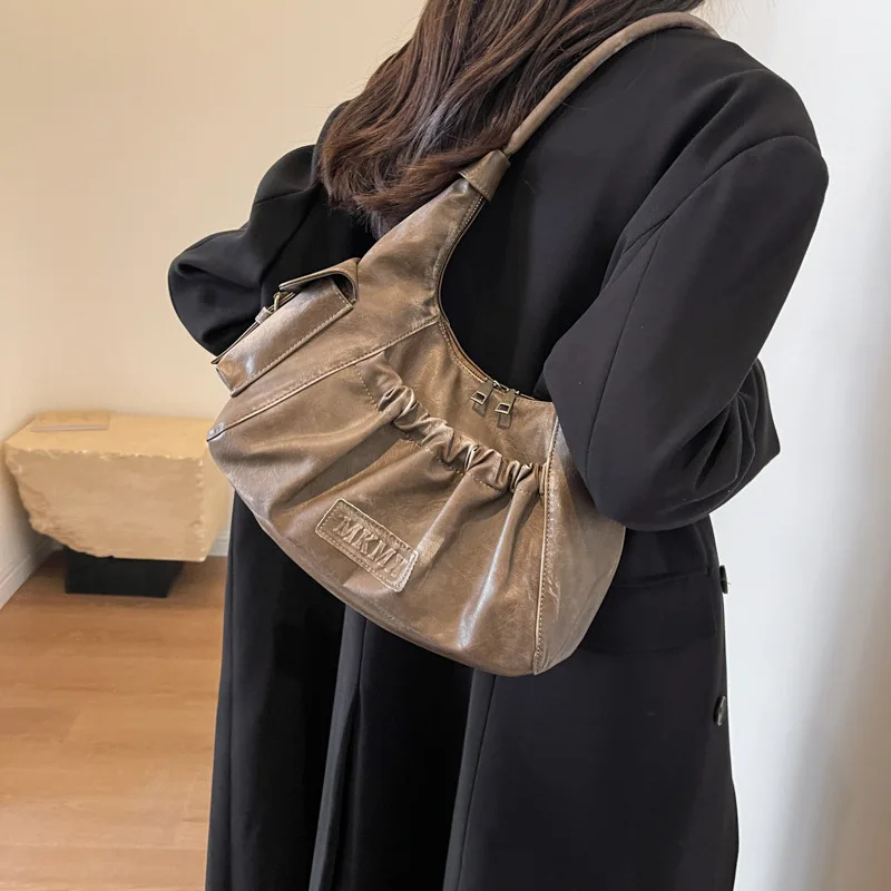 Distressed Vintage Shoulder Bags For Women Pleated Design Large Capacity Retro Hobo Bag 2024 Winter New Designer Handbags Luxury