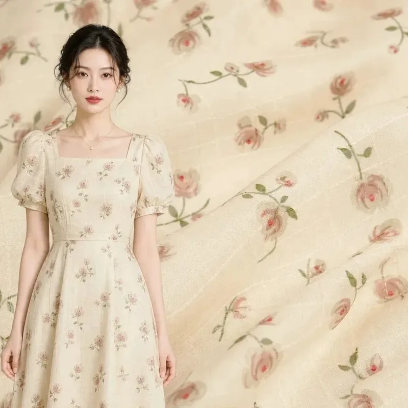 Apricot Colored Rose Organza Bottom Double layer Checkered Jacquard Fabric Summer Simple Dress Handmade DIY Decorative Fabric
