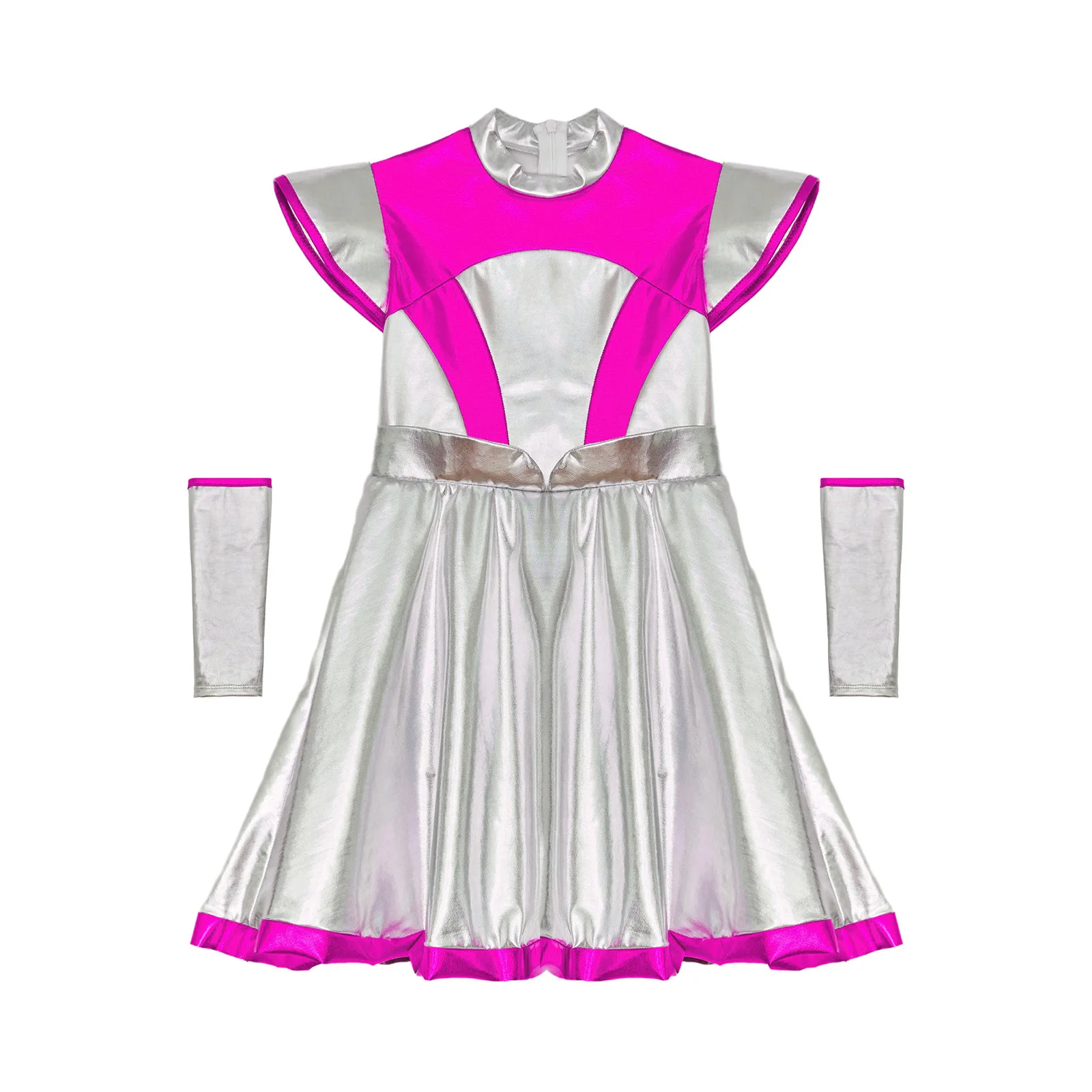 Costume de cosplay d'astronome de robot extraterrestre pour enfants, mancherons, robe de jeu de rôle métallique brillante, tenues d'Halloween pour filles, manches de bras