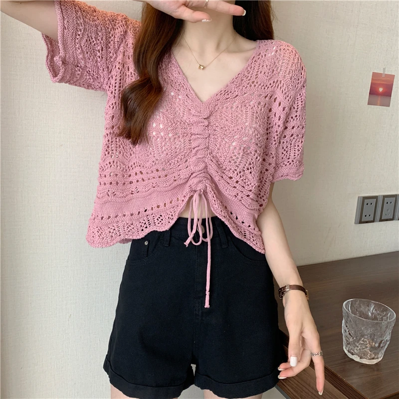 Crochet Knit Top Drawstring Lace-up Hollow Shirt Long Sleeved V-neck Crop Top Solid Hotsweet Women Korean Reviews Many Clothes