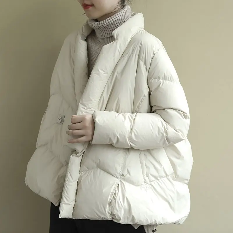 

Winter White Duck Down Coat Women New Slant Placket Loose Parka Artistic Design High Quality