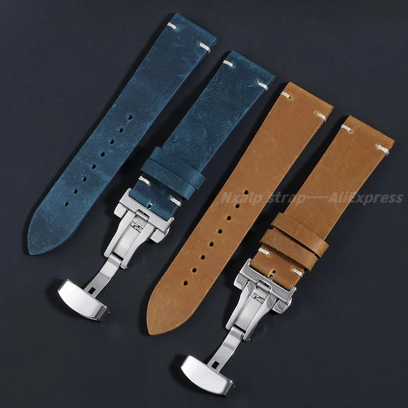 Handmade Stitching Cowhide Watch Band 18/20/21/22/24mm Oil Wax Vintage Leather Strap for Omega for Seiko Band Butterfly Buckle