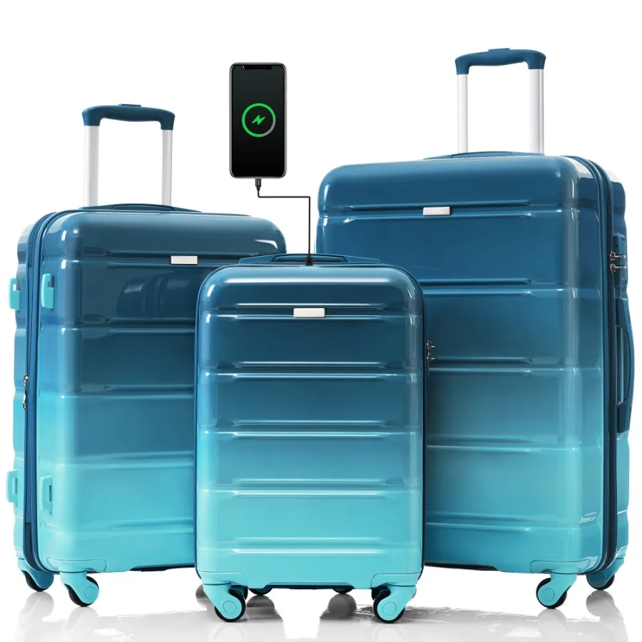 Luggage Set of 3, 20-inch with USB Port, Airline Certified Carry-on Luggage, ABS+PC Hard Shell Luggage with Spinner Wheels, blu