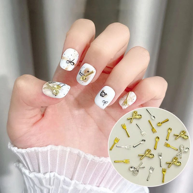 6 شبكات/صندوق مزيج الذهب والفضة شوك صغيرة ملاعق أدوات المائدة سبيكة مسمار الفن الراين زينة مانيكير علاج السحر اكسسوارات