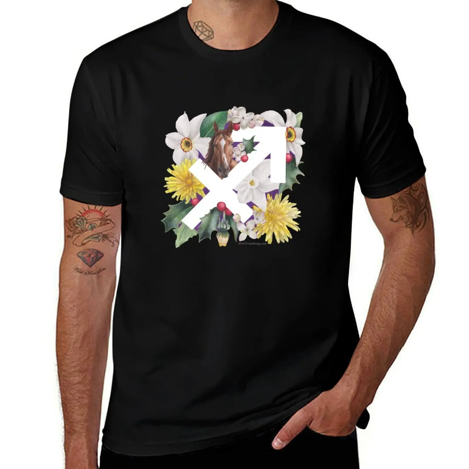 Sagittarius Watercolor Horse with Birth Flowers Narcissus Holly Dandelion T-Shirt Gym Exercise Short Sleeve T-Shirt
