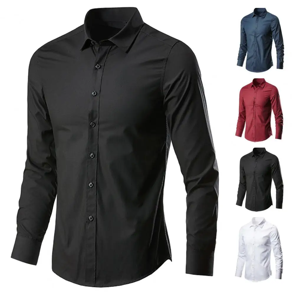 Men Shirt Slim Fit Formal Business Style Men Shirt Turn-down Collar Long Sleeve Office Shirt Casual Solid Color Male Shirts Top