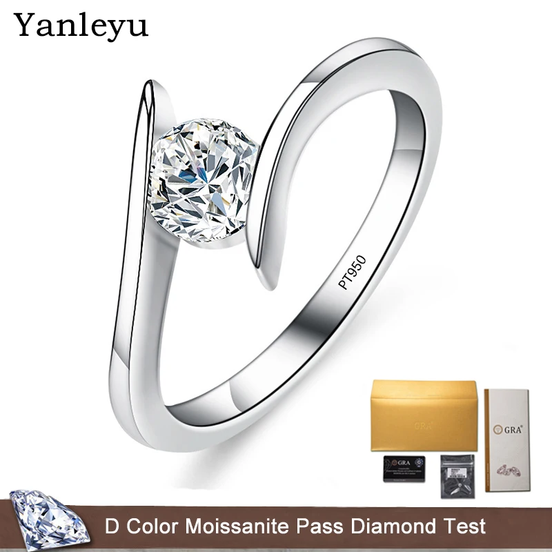 Yanleyu Elegant 0.5 Carat Moissanite Diamond Engagement Rings for Women Real Solid Platinum PT950 Wedding Band Jewelry Gift