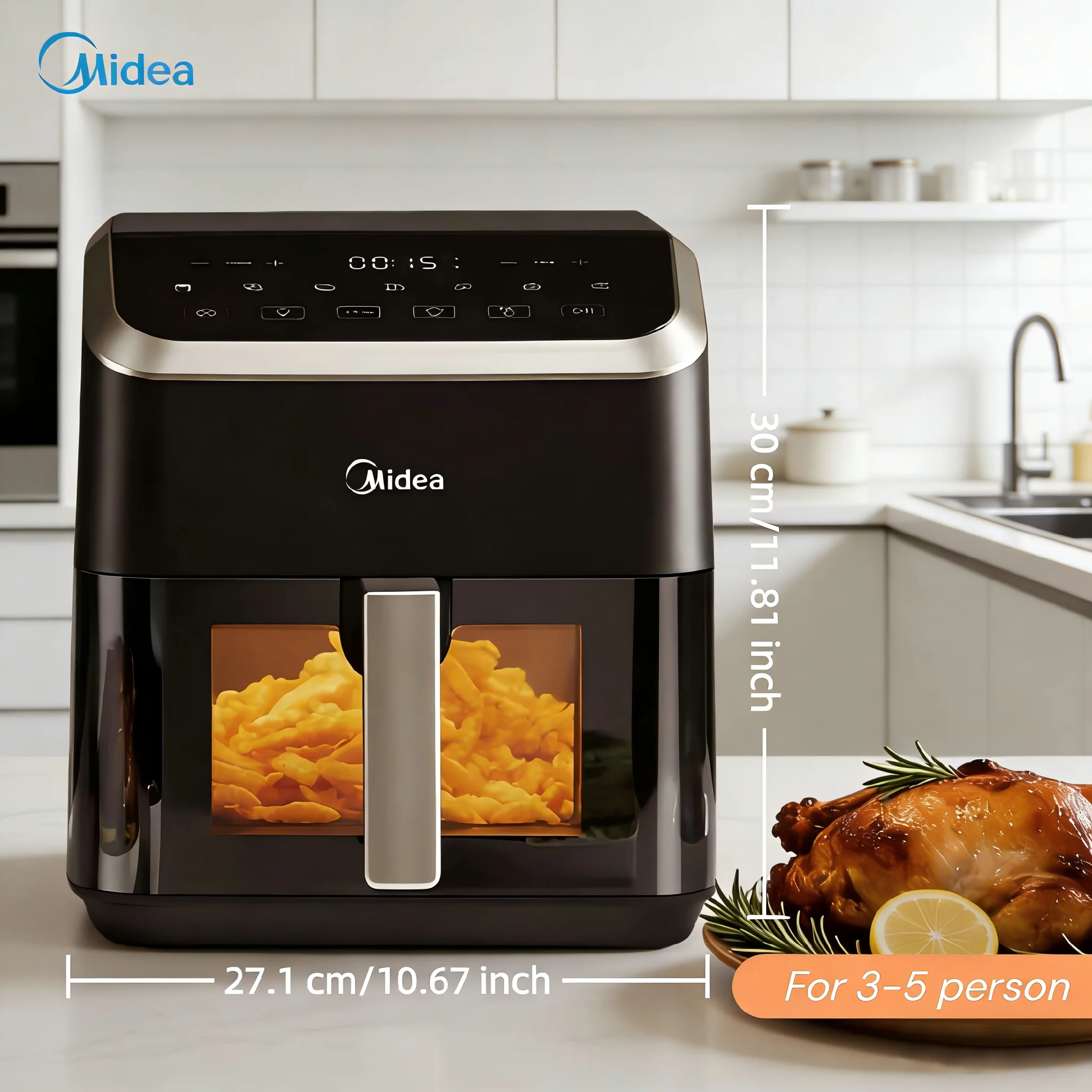 Midea 5L Heißluftfritteuse Große Kapazität Familiengröße Multifunktional Leicht zu Reinigen Ölfrei Gesund Einstellbare Temperatur Schnelle Luftzirkulation