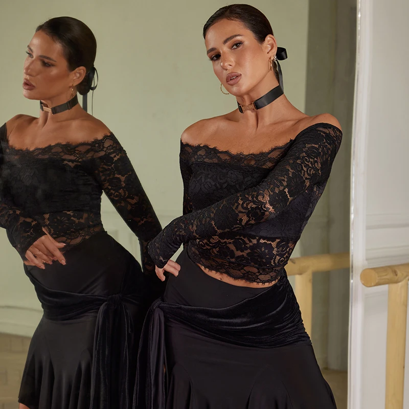 المملكة المتحدة اللاتينية Dancewear المرأة الدانتيل خمر خارج الكتف أعلى - ملابس التدريب قاعة الرقص مع تصميم أنيق ونسيج مطاطي