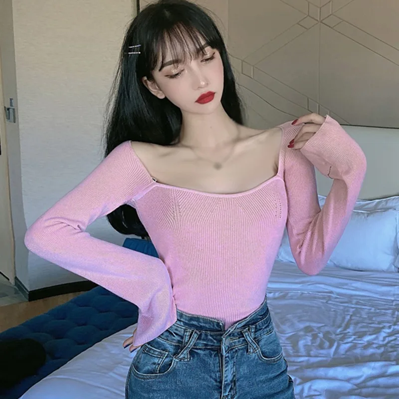 Spring Summer Women Long Sleeve Square Shawl Neckline Knitted Sexy Pull Sweater Shoulder Off Top Femme Pullover Clothes