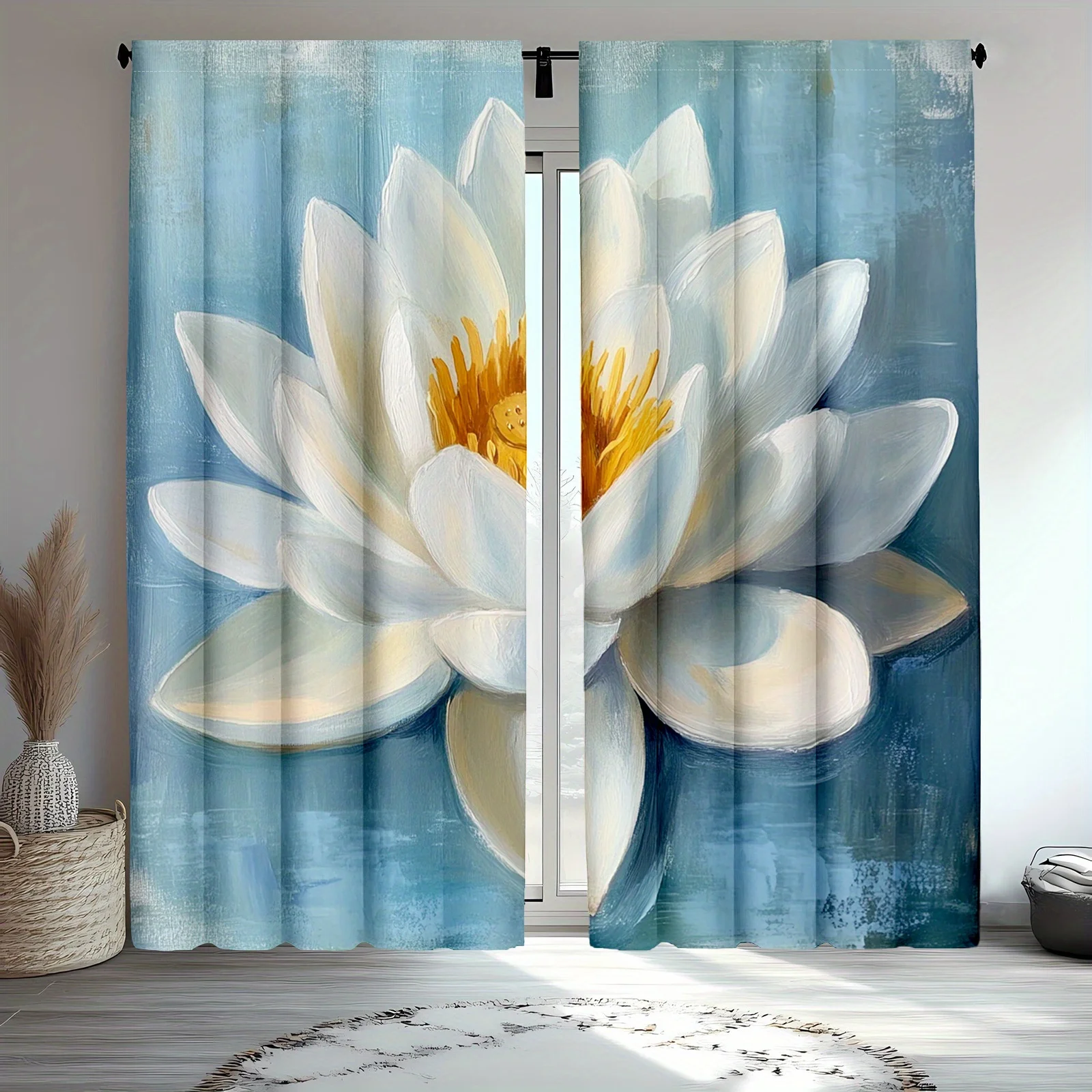2pc Lotus and daisy floral pattern curtains, polyester fabric, machine washable, suitable for bedroom living room decoration