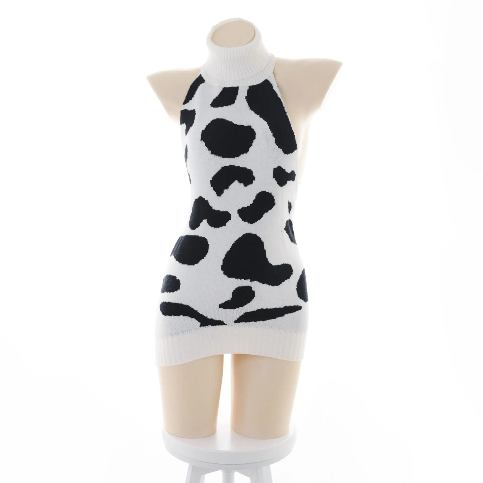 New Sexy Lingerie for Women Sexy Cow Print Large Size Hip-hugging Backless Cow Print Camisole High-neck Sweater Knitted Dress view 2