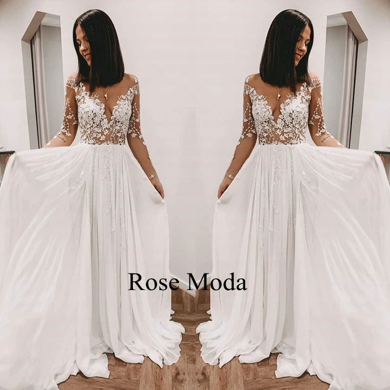 Rose Moda Backless Long Lace Sleeves Chiffon Wedding Dress Destination Bridal Gown Custom Make