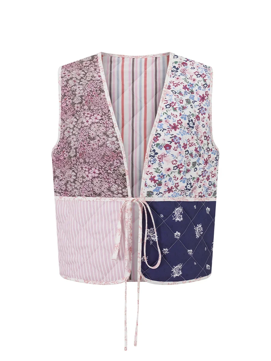 

Women'S Retro Printed Vest Classic Sleeveless Lace Up Front Quilted Vest Autumn Outfit Lace Up Patchwork Vest