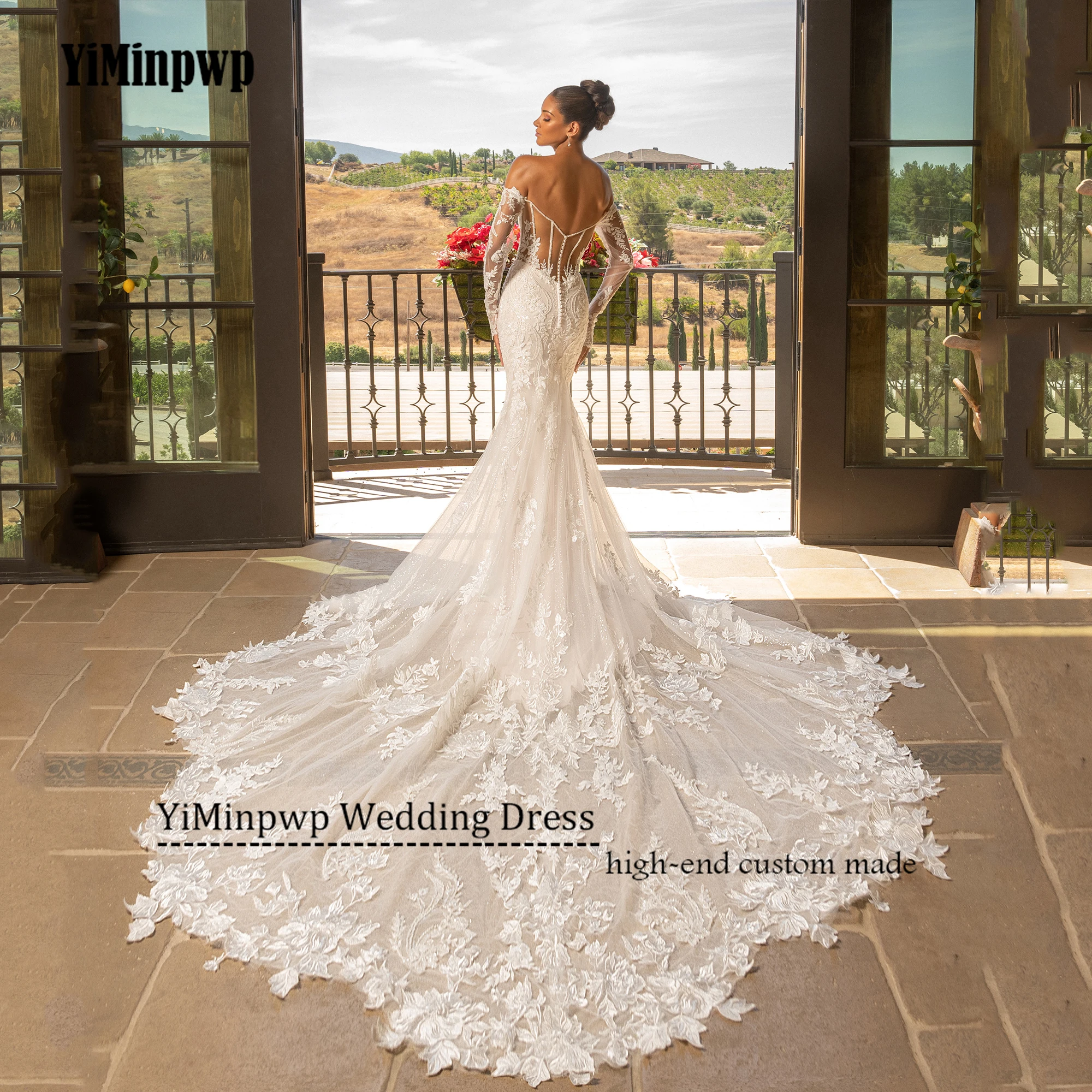 فستان زفاف مثير 2025 مخصص قبالة الكتف كم كامل زين مطرز سويب تراين حورية البحر فستان زفاف بدون ظهر للمرأة